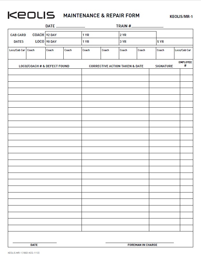 Maintenance & Repair Form (MR-1)